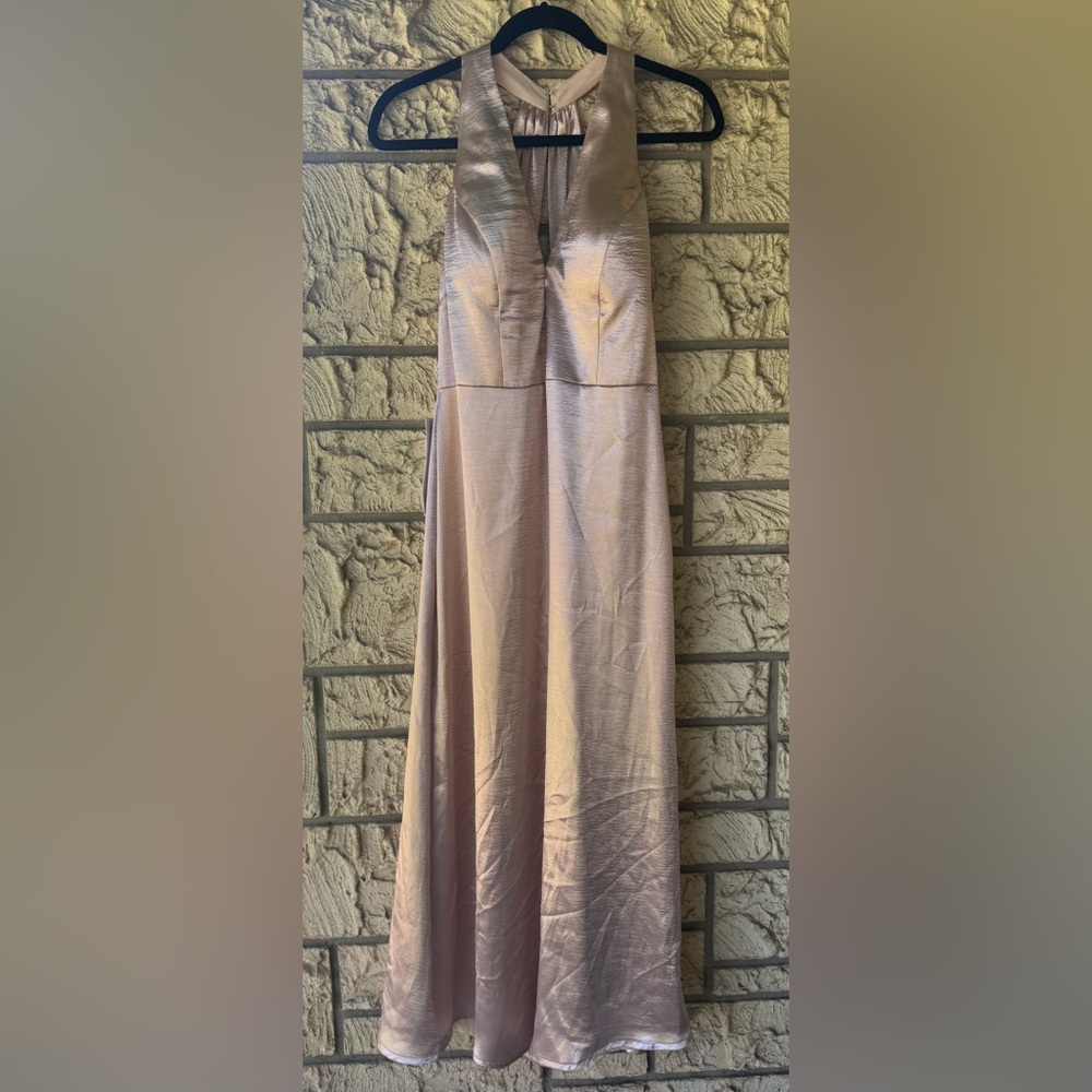 Plunge Halter Satin Evening Dress in Light Beige azazie amla perla pink NWT